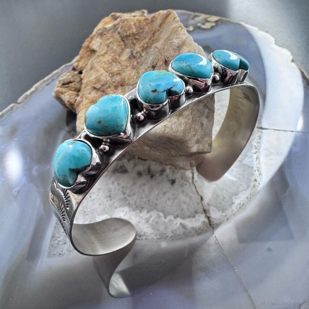 Sterling Southwestern Style 5 Blue Turquoise Heart Single Row Bracelet For Women - Picture 3 of 10
